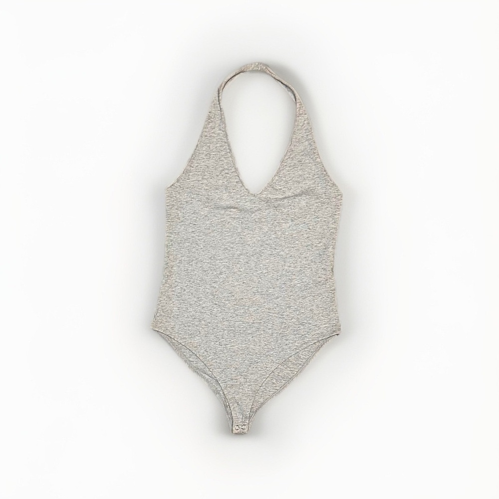 Forever 21 Women’s Gray Halter Bodysuit V-Neck Snap Closure M